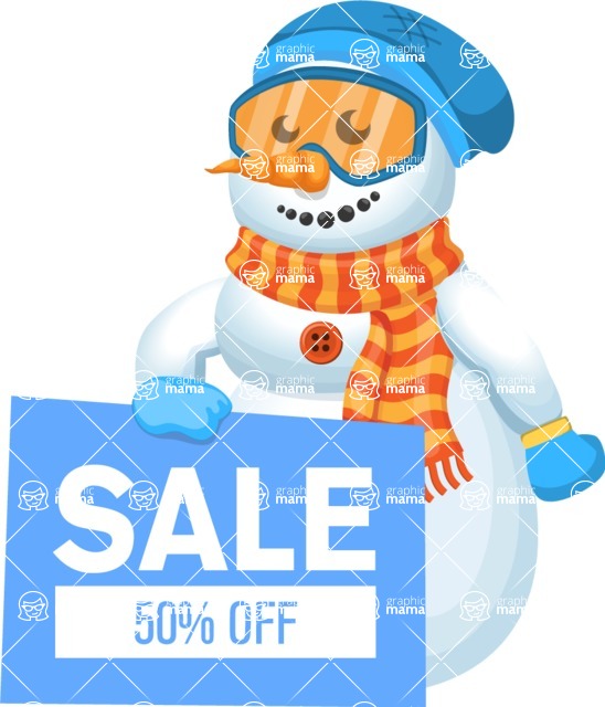 Snowman Cartoon Vector Character - Snowman Cartoon Character Holding a Sale Sign
